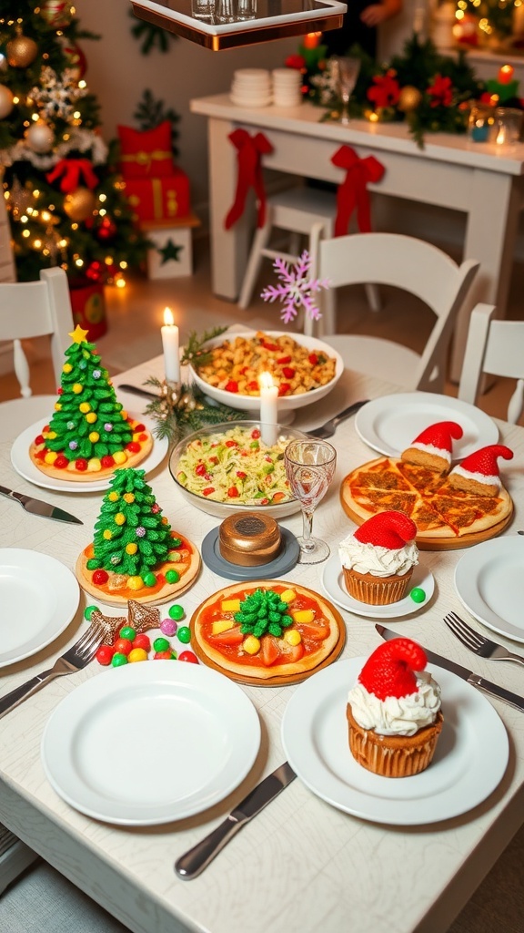 A kid-friendly Christmas Eve dinner with mini pizzas, pasta salad, and strawberry shortcakes on a decorated table.